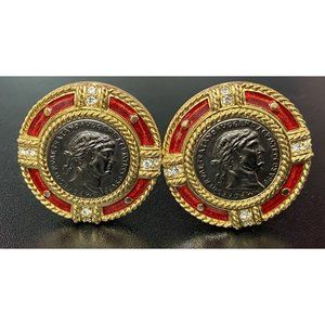 Swarovski Roman Caesar Coin Clip On Earrings‎ Medallion Red Enamel Crystal